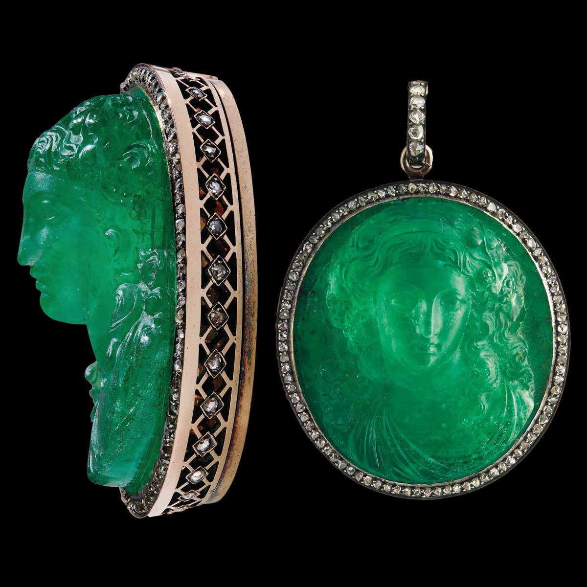Emerald cameo carved in high relief depicting a female bust, set within a rose-cut diamond and gold ring with detachable pendant hoop. Formerly owned by la Princesse Lobanoff de Rostoff, née Princesse Dolgorouky, until early 1919. Collection: Christie's.