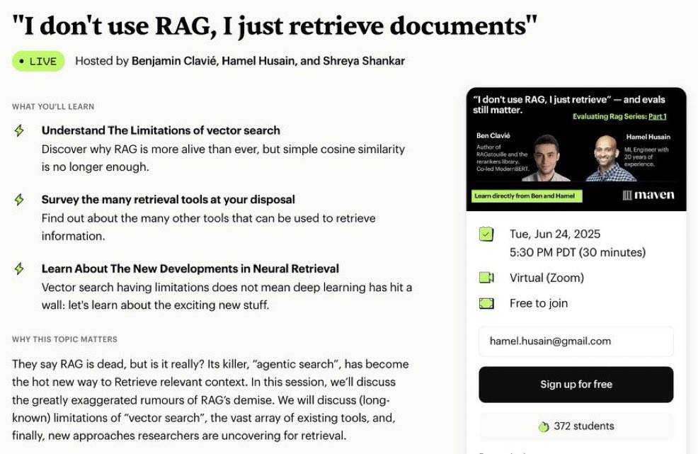 We have 2k+ students signed up for our free mini course on RAG optimization and evaluation

We’ll be sending detailed notes, recordings and more to everyone who signs up 

(sign ups will get links for the entire series as it happens over next 3 weeks)

maven.com/p/569540/i-don…