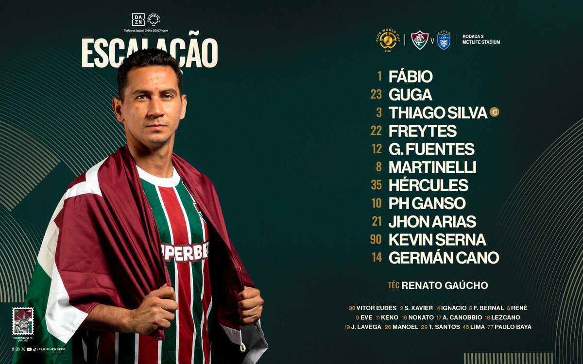 O #TimeDeGuerreiros está escalado para a partida contra o Ulsan HD, na @fifacwc! VAMOS, FLUMINENSE!

#FIFACWC #TakeItToTheWorld

Todos os jogos do Fluminense de graça no app da <a href="/DAZNFootball/">DAZN Football</a> >> bit.ly/FIFADAZN_Flumi…