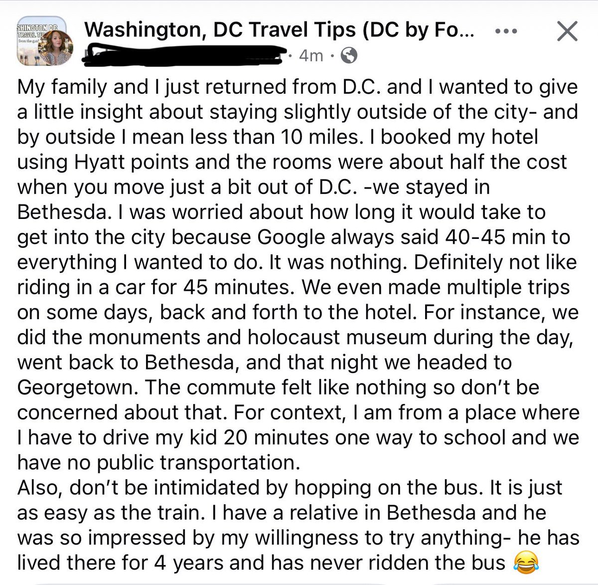 I love this post from a tourist who realized upon visiting DC that 45 minutes on public transportation is not the same grueling experience as 45 minutes by car—even with kids.