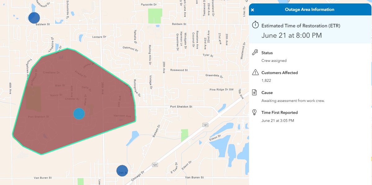 There are a few power outages popping up this afternoon, including in Georgetown Township, where about 1,800 customers are in the dark. Estimated restoration time is currently 8pm.