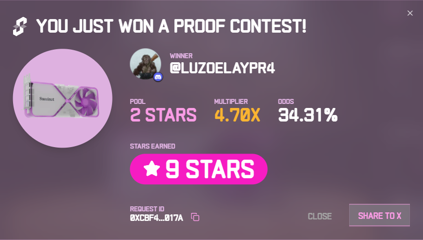 I just won 9 stars in the Succinct Stage 2 Proof Contest! Prove with us <a href="/SuccinctLabs/">Succinct</a> #ProveWithUs