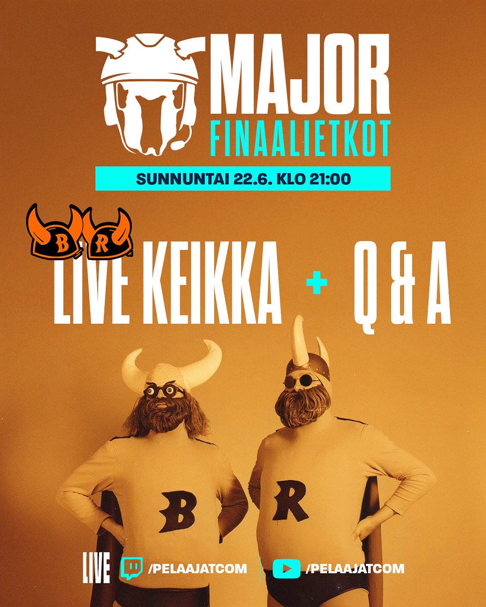 🏆MAJOR-FINAALIN ETKOT SUNNUNTAINA 22. KESÄKUUTA — Mukana Bat &amp; Ryyd -keikka + Q&amp;A🤩

⏰ETKOT 21:00 &amp; FINAALI 22:30
📺twitch.tv/pelaajatcom &amp; Pelcom-tube