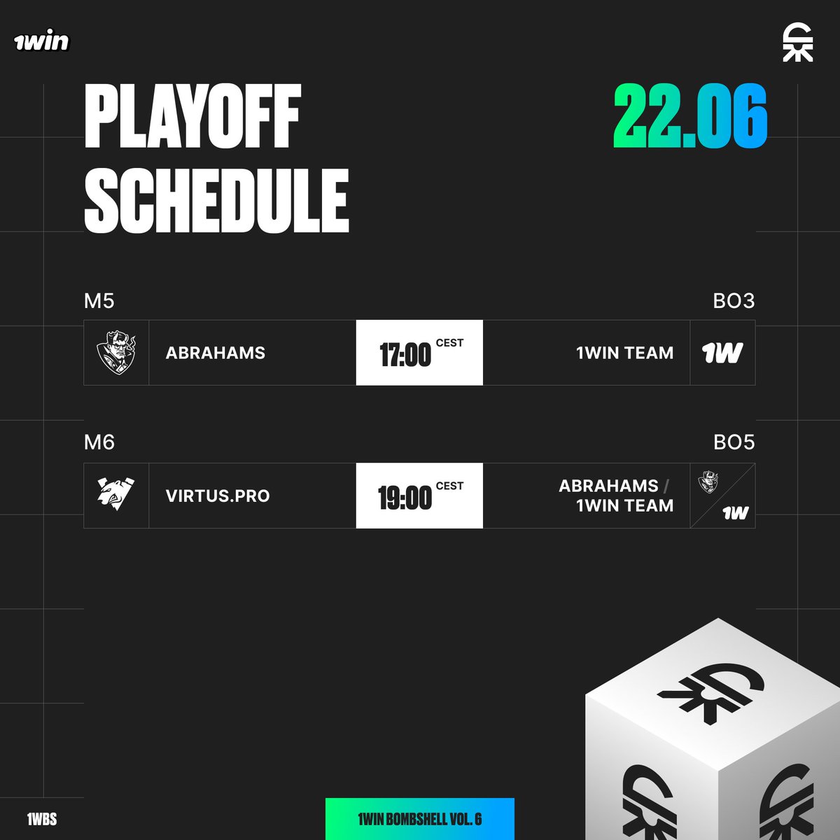 Schedule for the final day of the 1win Bombshell Vol.6 tournament:

17:00 | BO3 | ABHS VS 1win
19:00 | BO5 | VP VS ABHS/1win

We look forward to seeing you on the stream tomorrow at 17:00 CEST.

#1win #bombshell #deadlock