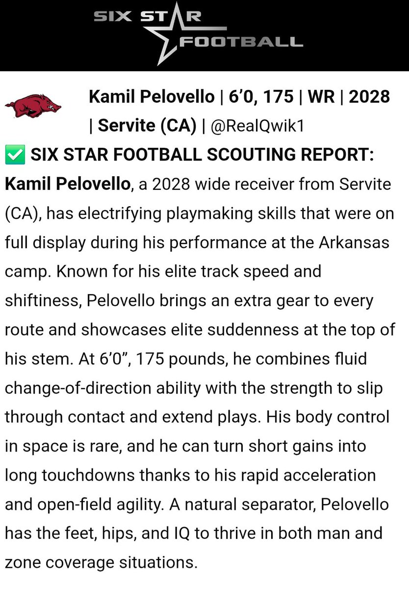 RealQwik1's tweet image. Thank you @sixstarfootball for the write up 🙏🏾 Extremely grateful. @RazorbackFB @DylanJCruz_ @CoachReino @JackAlexanderQB @classicqb @ServiteFootball