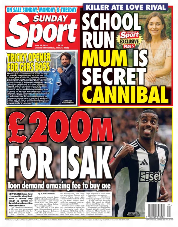 The Sentinel Current (@sentinelcurrent) on Twitter photo #TomorrowsPapersToday Sunday Sport: £200m for Isak, Toon demand amazing fee to buy ace, John Anthony. School run mum is secret cannibal. sundayworld.com For more papers visit thesentinelcurrent.com/tomorrowspaper… #TomorrowsPapersToday Sunday Sport: £200m for Isak, Toon demand amazing fee to buy ace, John Anthony. School run mum is secret cannibal. sundayworld.com For more papers visit thesentinelcurrent.com/tomorrowspaper…