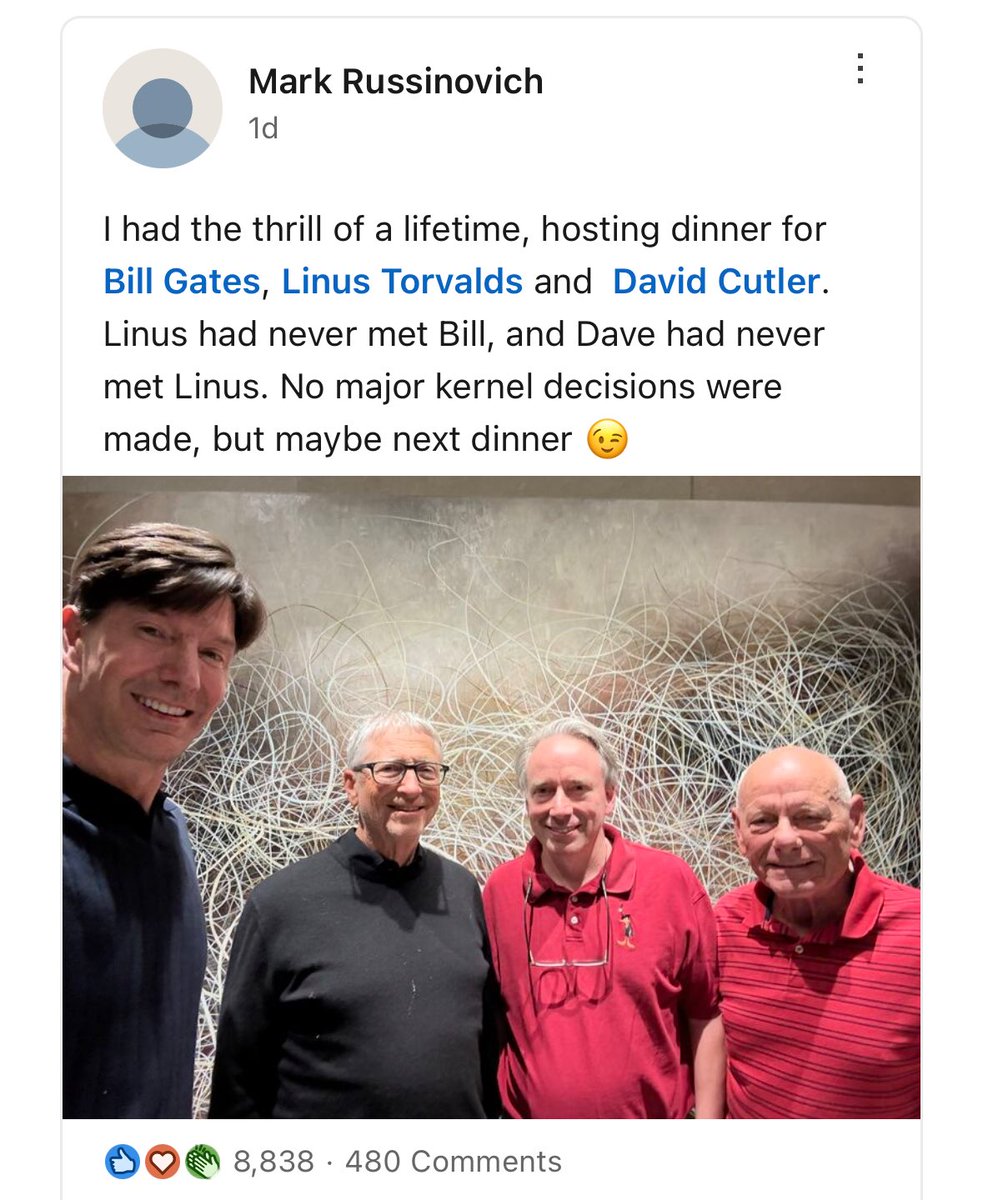 tomwarren's tweet image. Bill Gates and Linus Torvalds have met for the first time ever, at a dinner hosted by Sysinternals creator Mark Russinovich. Dave Cutler, Microsoft technical fellow and Windows NT lead developer, also met Linus for the first time linkedin.com/posts/markruss…