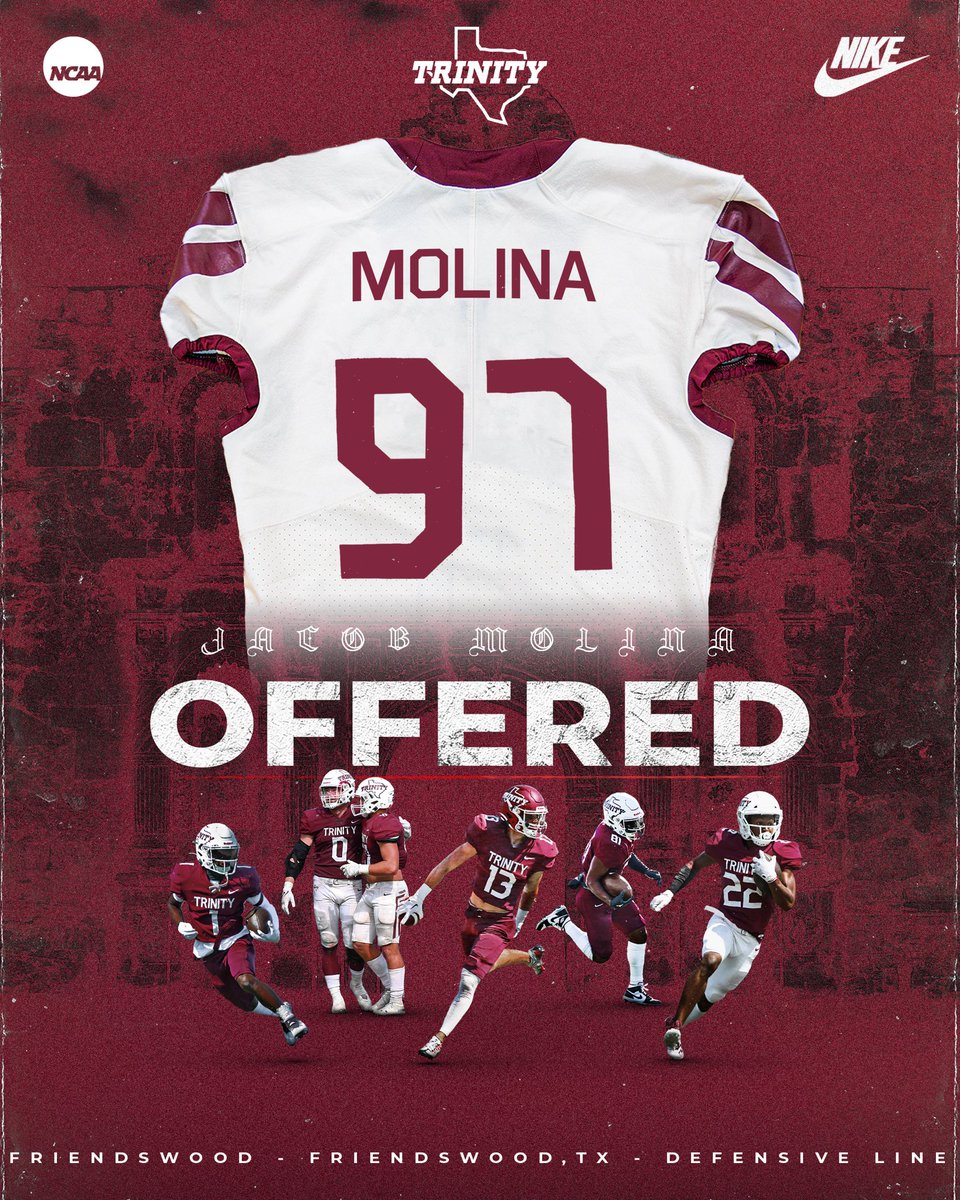 Jacob Molina (@jacob_molina26) on Twitter photo After a great conversation with <a href="/JerhemeUrban83/">Jerheme Urban</a> and <a href="/CoachMichalak/">Coach Michalak</a> I’m blessed to receive my first offer to play college football for <a href="/TUFootballTX/">Trinity University Football</a> #AGTG <a href="/CoachBlank65/">Bobby Blankenship</a> <a href="/FwoodFootball/">Friendswood Football</a> <a href="/_CoachJJohnson/">Jordan M. Johnson</a> <a href="/Split6cov1/">Steve Griffith</a> After a great conversation with <a href="/JerhemeUrban83/">Jerheme Urban</a> and <a href="/CoachMichalak/">Coach Michalak</a> I’m blessed to receive my first offer to play college football for <a href="/TUFootballTX/">Trinity University Football</a> #AGTG <a href="/CoachBlank65/">Bobby Blankenship</a> <a href="/FwoodFootball/">Friendswood Football</a> <a href="/_CoachJJohnson/">Jordan M. Johnson</a> <a href="/Split6cov1/">Steve Griffith</a>