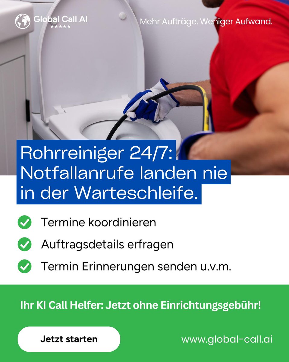 globalcallai's tweet image. 🚨 24/7 erreichbar, null Stress – die smarte KI für deine Rohrreinigung! 💧🤖

#KI #InboundSupport #Rohrreinigung #Notdienst #24hService #Automatisierung #Kundenservice #Terminvergabe #CallBot #Effizienz