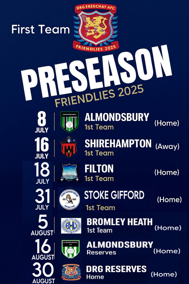 Preseason fixtures update with additional fixtures.
Some tough games but aimed at getting the squad season ready! 
Come and support the lads preseason, bar will be open and weather permitting BBQ on! 
See down at Frenchay park Rd.
#upthedurge