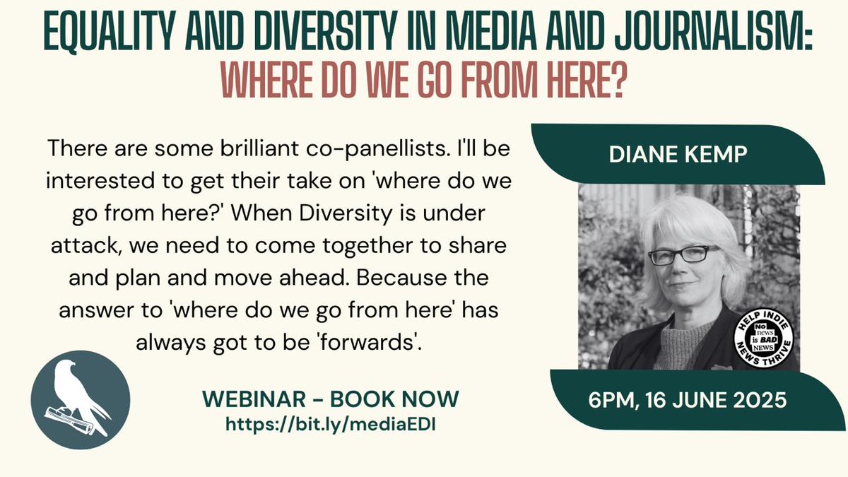 We're looking forward to this webinar on Monday! 

There are still spaces available if you want to join Diane Kemp and the rest of our panel to discuss "Equality and diversity in media and journalism: where do we go from here?"  

Reserve your space here
tickettailor.com/events/bylines…