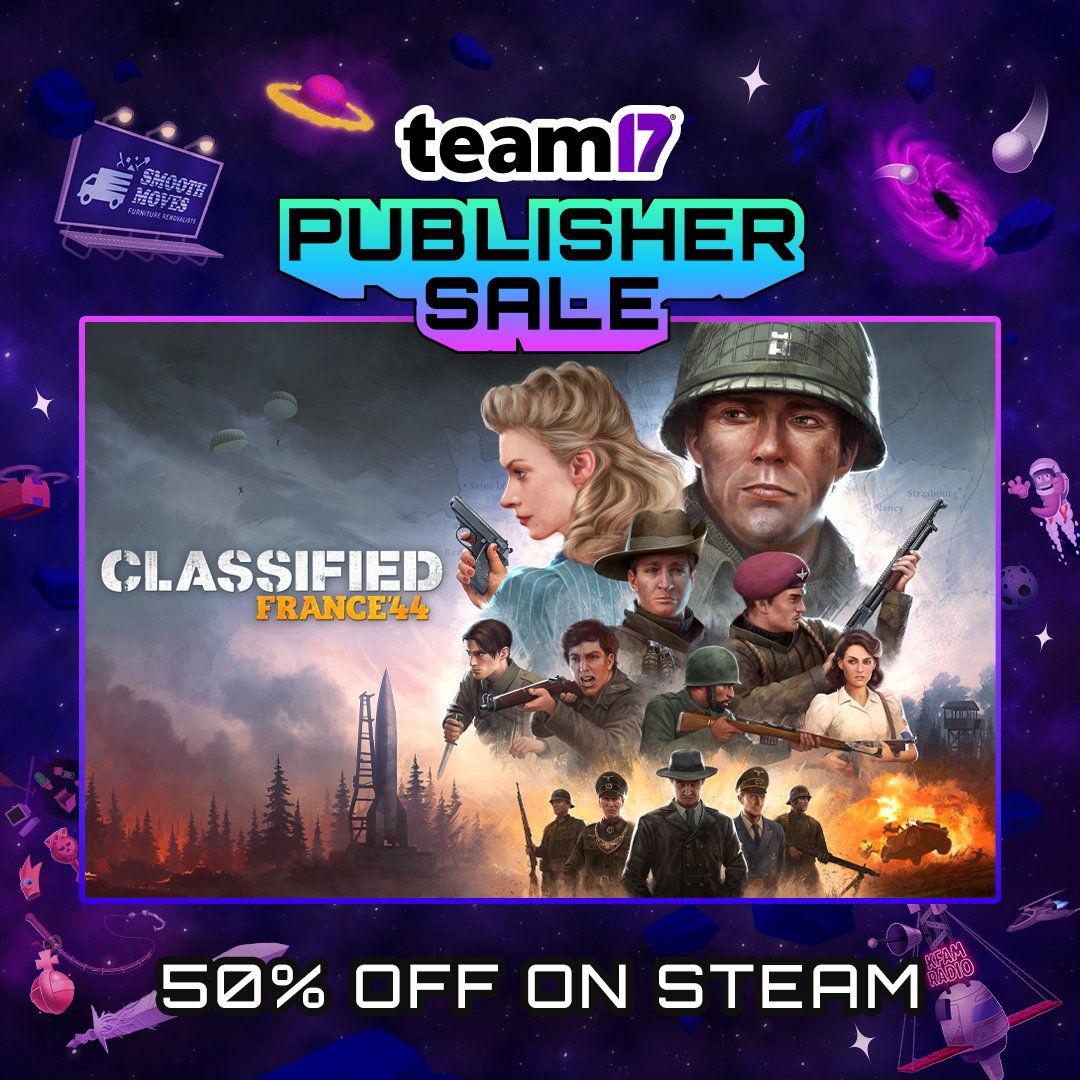 Soldiers! Classified: France '44 is 50% off on Steam in the <a href="/Team17/">Team17</a> Publisher Sale! 🪖

💥 Turn-based WW2 combat
✊ Build your own resistance team
🗡️ Fight with stealth or firepower

Pick up the deal until 25th June: bit.ly/TW-ClassifiedF…
