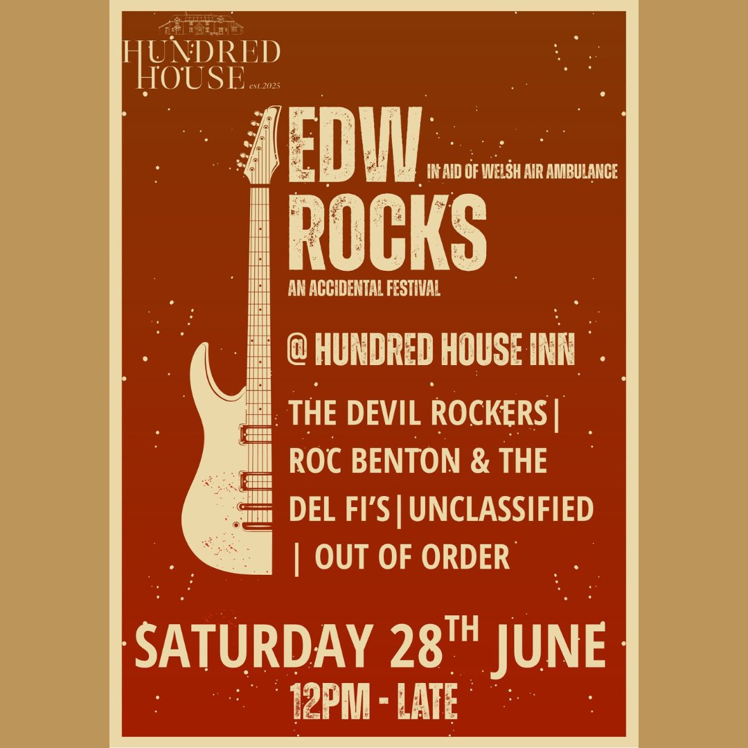 The Hundred House Inn in Llandrindod Wells, is hosting a mini festival in aid of Wales Air Ambulance on
Saturday 28 June 2025. 🎸

Pop down for some great music and a drink while supporting our life-saving service! 🚁