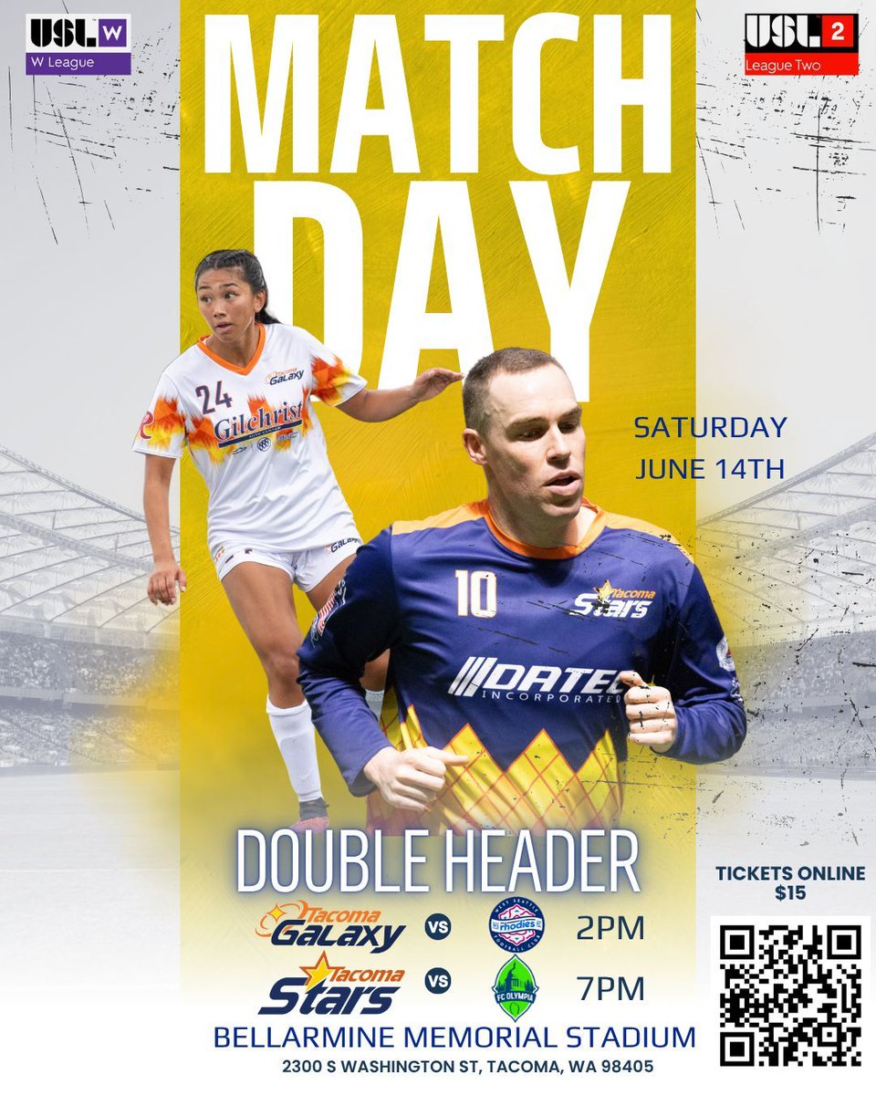 IT'S GAME DAY!!! Get ready for a thrilling Double Header Saturday! ⚽ 2pm: (W) Tacoma Galaxy takes on West Seattle Rhodies ⚽ 7pm: (M) Tacoma Stars face off against FC Olympia. 📆 Saturday, June 14th 📍 Bellarmine Memorial Stadium (2300 S Washington St, Tacoma, WA 98405) 🎟️