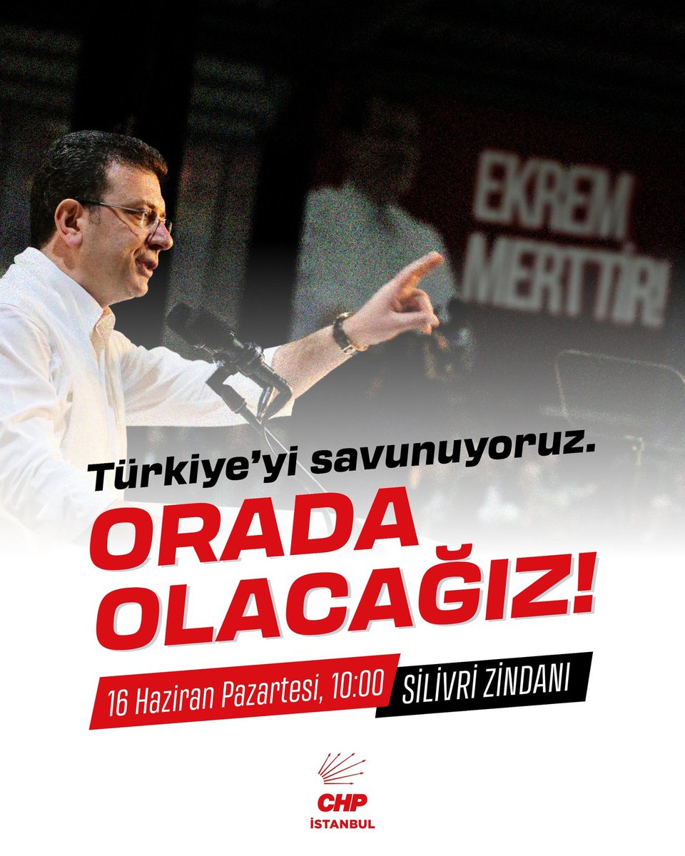 Milletimizle birlikte milletimizi savunmak için Silivri'de olacağız! 

Tüm hukuksuzluklara, haksızlıklara karşı Cumhurbaşkanı Adayımız Ekrem İmamoğlu’nun yanındayız.

Adalete ve demokrasiye sahip çıkıyoruz.

🗓️ 16 Haziran Pazartesi
🕓 10.00
📍 Silivri