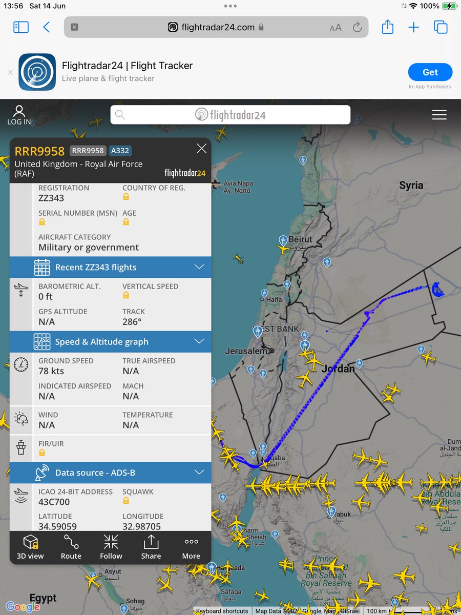 darklake99's tweet image. RAF Voyager flight-refuelling aircraft, midday today - i.e. at the same time Israeli aircraft were attacking Iran. This type of flight profile is usually in support of RAF Typhoon fighter-bomber operations in the region.