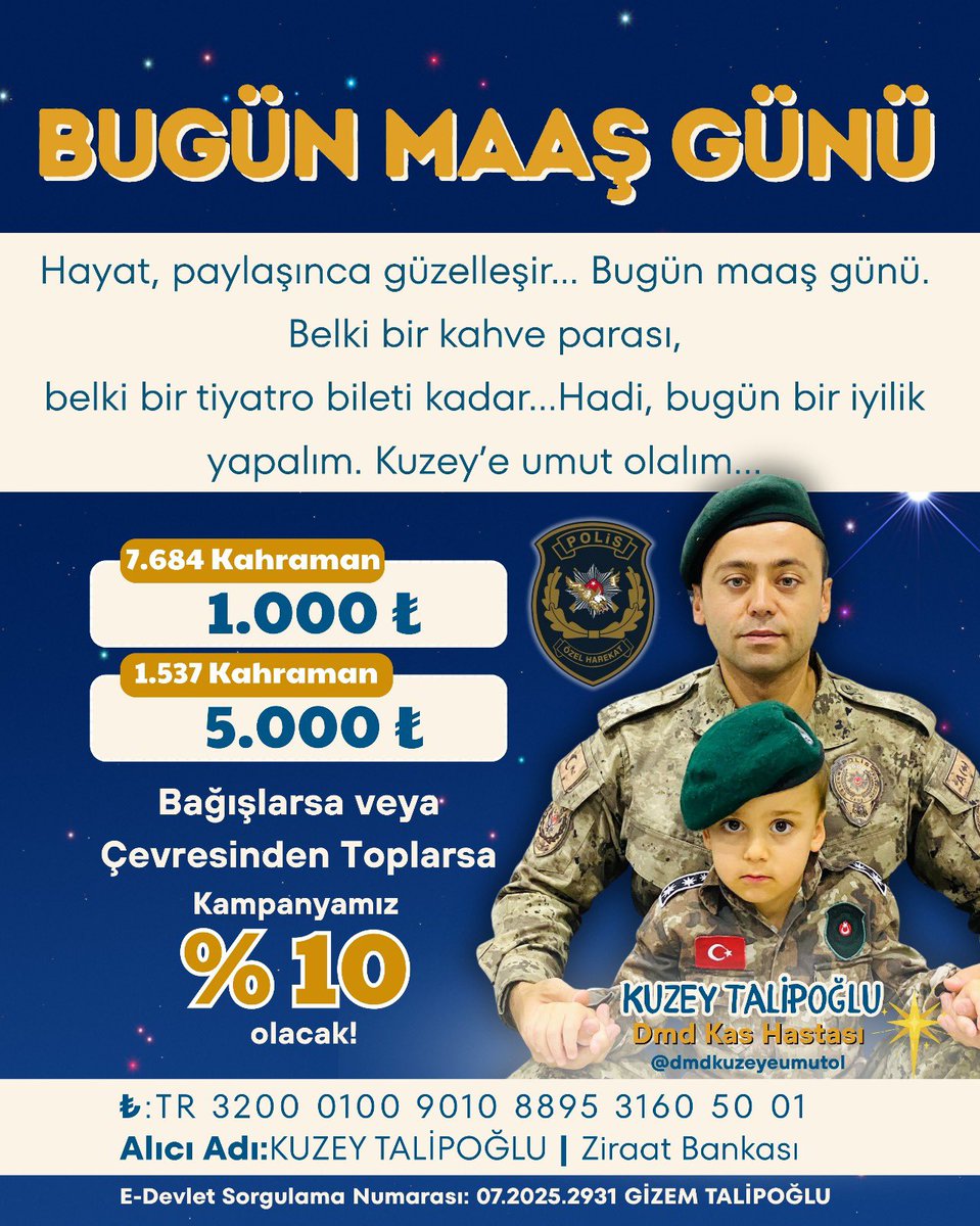 BUGÜN MAAŞ GÜNÜ💙
Hayat paylaştıkça güzelleşir… Belki bir kahve parasını, belki bir sinema bileti kadarını… 
Ama en çokta bir çocuğun hayallerini paylaşmak güzelleştirir.
Bugün Kuzey için bir iyilik yapar mısın? 
Bir maaş gününü umut gününe çevirebilir miyiz?💙