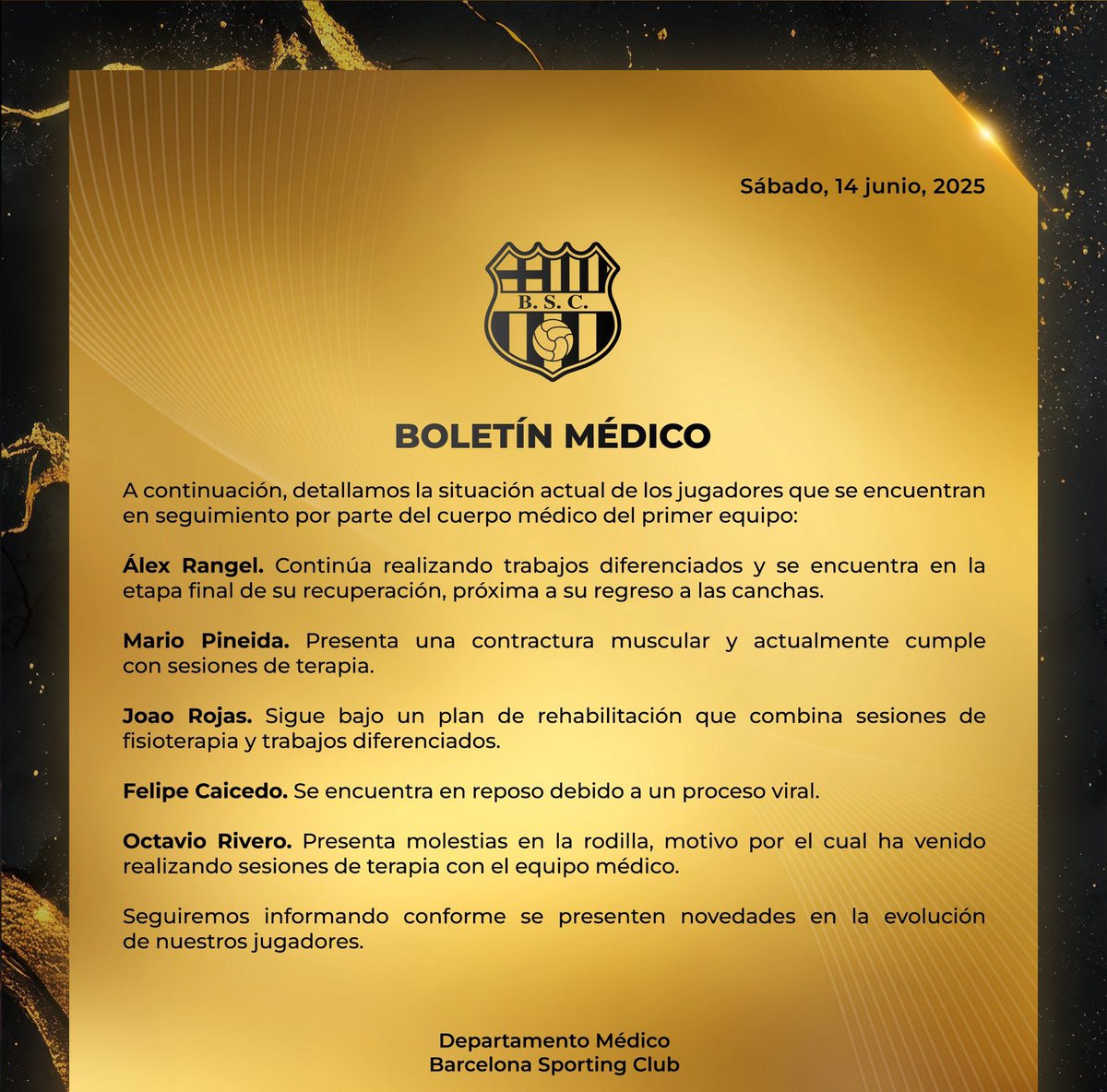 Barcelona  confirma que hoy debuta Miguel Parrales frente al Manta, que le vaya muy bien al ecuatoriano. PD . También se confirmó las bajas de Octavio Rivero y Felipe Caicedo