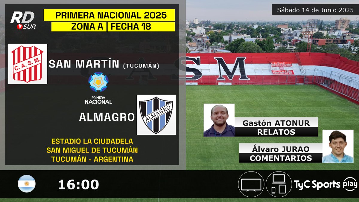 elpollo_ac29's tweet photo. #PrimeraNacional 2025 🇦🇷
#SanMartínT vs #Almagro
🎙️ Relatos: @gastonatonur
🎙️ Comentarios: @AlvaroJurao97
📺💻📱 @TyCSportsPlay 🇦🇷
#️⃣ #NacionalEnTyCSports https://t.co/B995mKYK9A