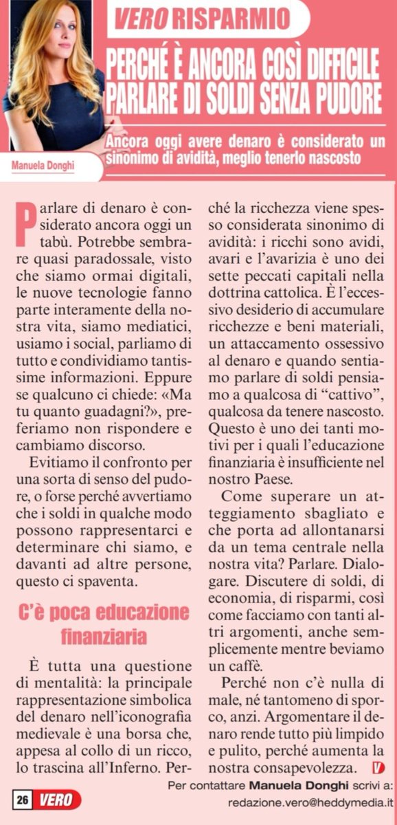 🗞Sul nuovo numero di VERO in edicola, la mia rubrica di educazione finanziaria VERO RISPARMIO💰

📌 Questa settimana un mio MUST: racconto di quanto sia difficile ancora oggi parlare di soldi! 

☎️ Management&amp;Collab: <a href="/francesca_caon/">Francesca Caon</a>
manueladonghi.com 

#economia #finanza