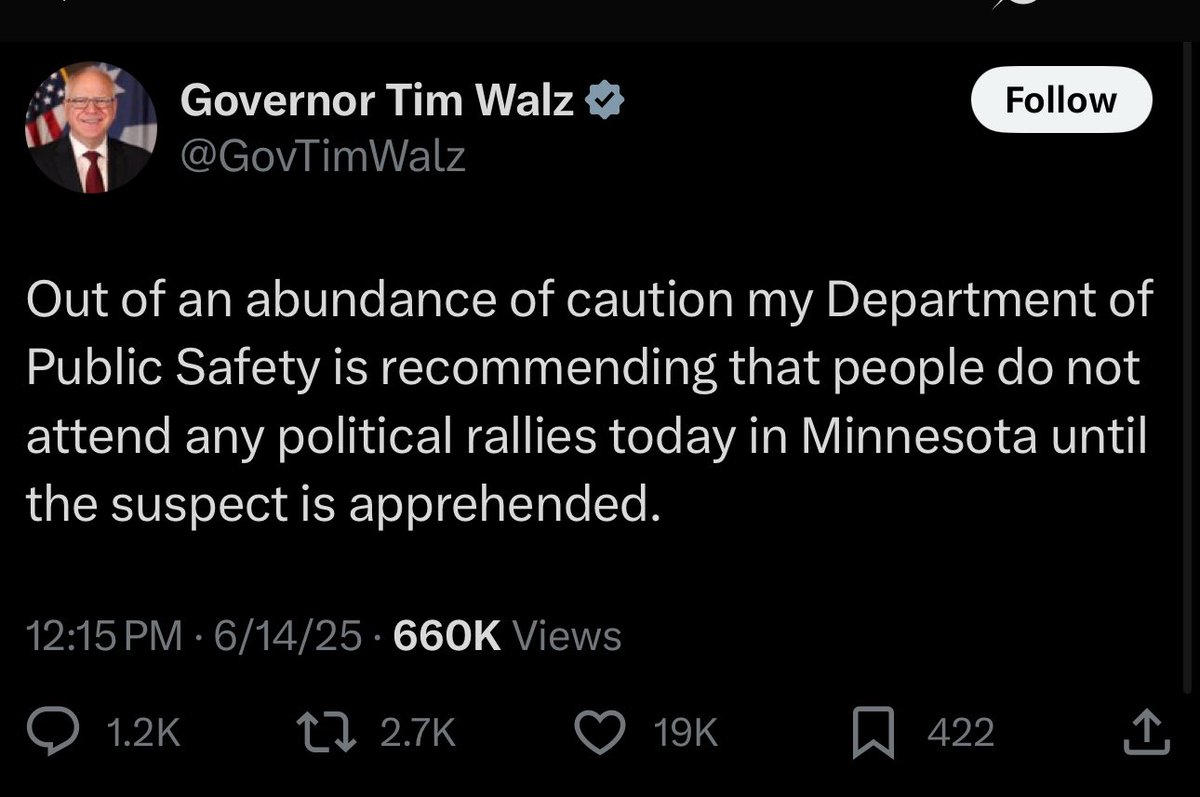 🚨 WARNING: MAGA-linked extremists are now actively targeting “No Kings Day” protests.

Governor Walz has just urged Minnesotans to avoid all political gatherings until the shooter is caught — the same shooter who assassinated Rep. Melissa Hortman and is still on the run.