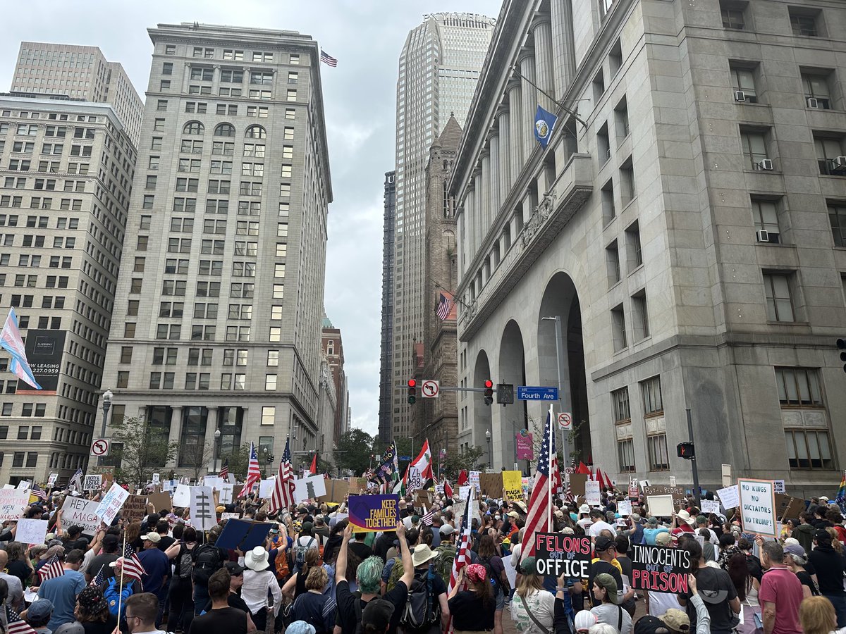 Nice crowd gathering for #NoKings in the Burgh. Science protest at 1800 today at Mellon Institute in Oakland.