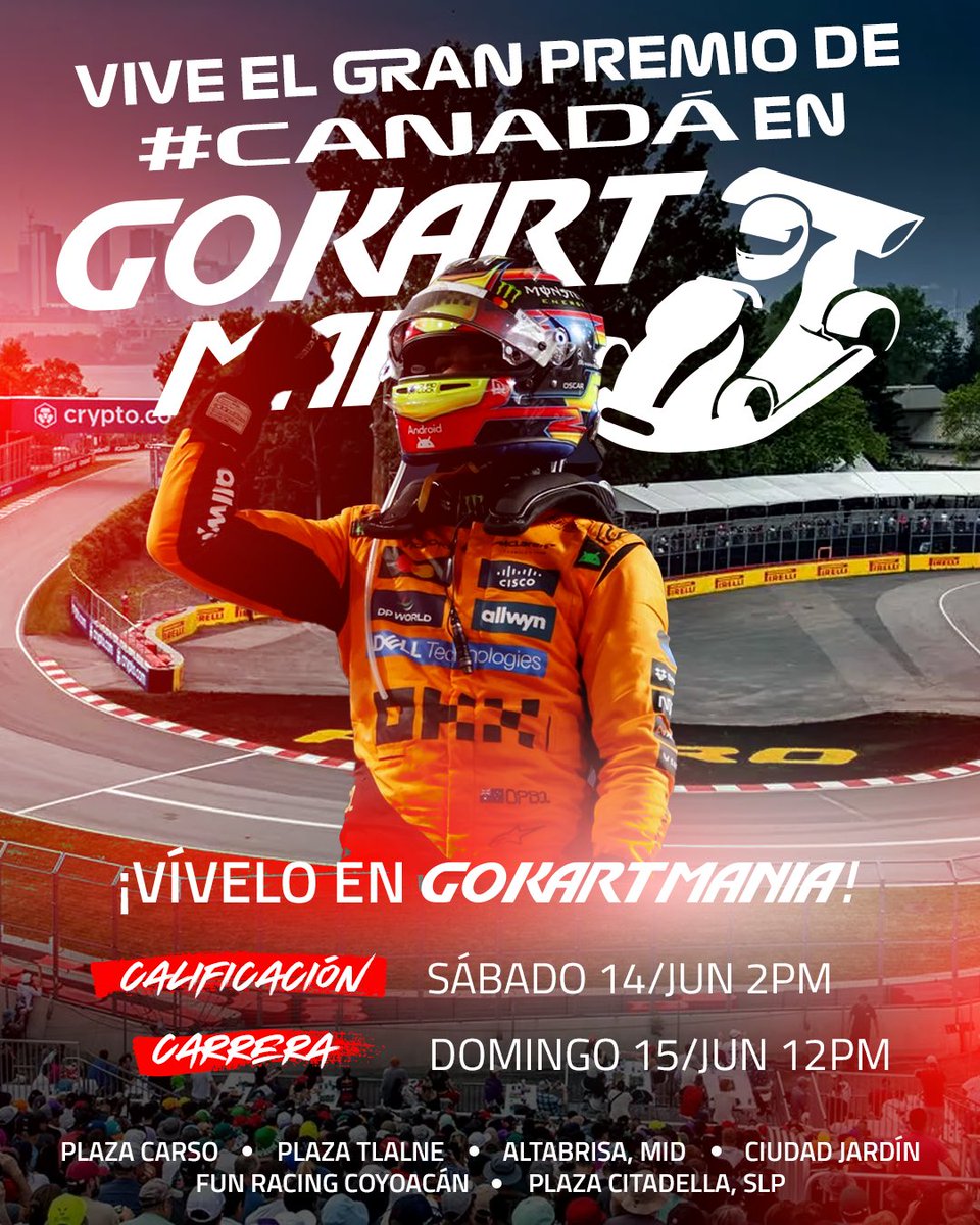 🏁🇨🇦 ¡Este fin de semana se vive la emoción de la F1 en pantalla grande!
🔥 Ven a disfrutar del GP de Canadá en GoKartManía y siente la adrenalina como si estuvieras en Montreal.

📍¡Transmisión en vivo desde todas nuestras sedes!