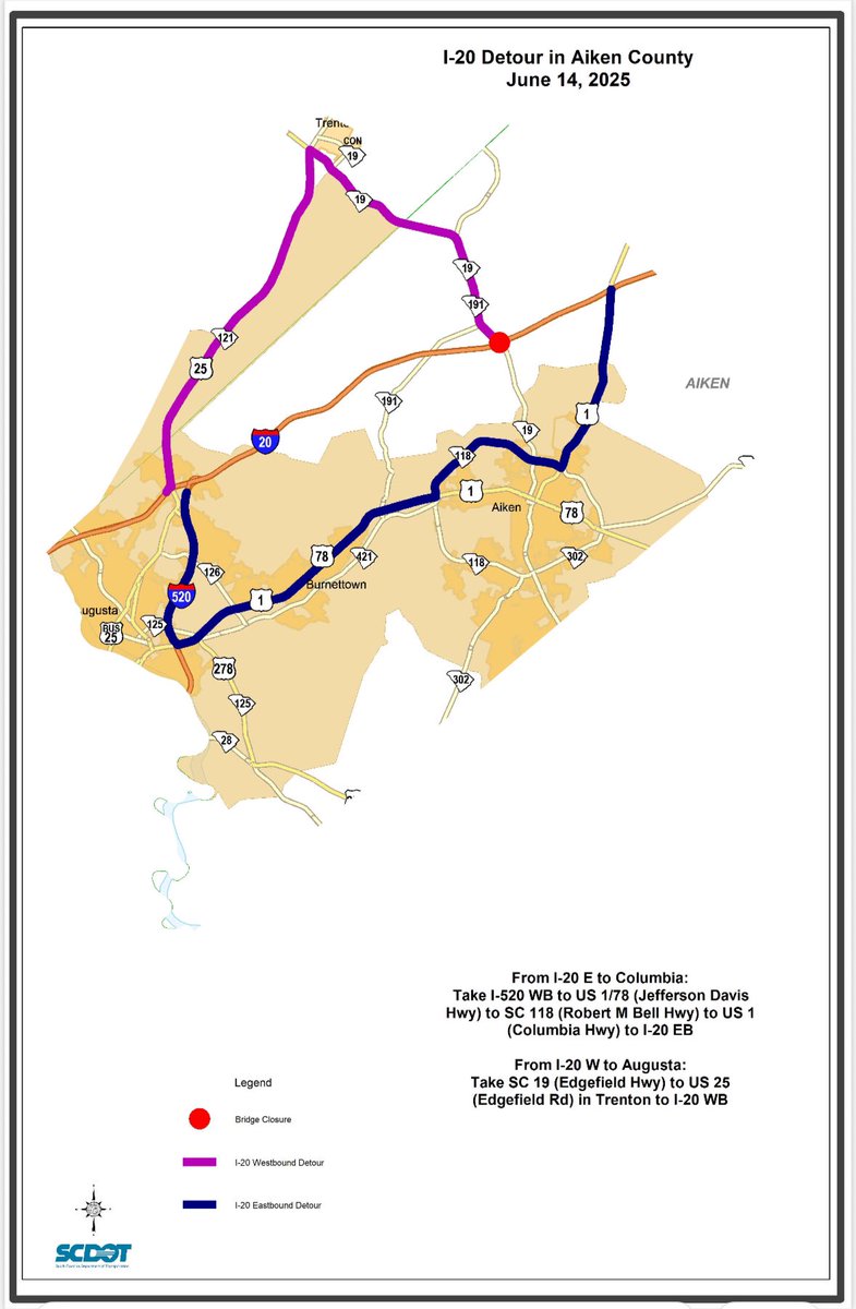 🚧 Traffic Alert: I-20 detoured near Aiken County until early next week 🚧

Following a strike by a tractor-trailer, the overpass bridge on Old Vaucluse Road is damaged beyond repair, requiring demolition and removal.