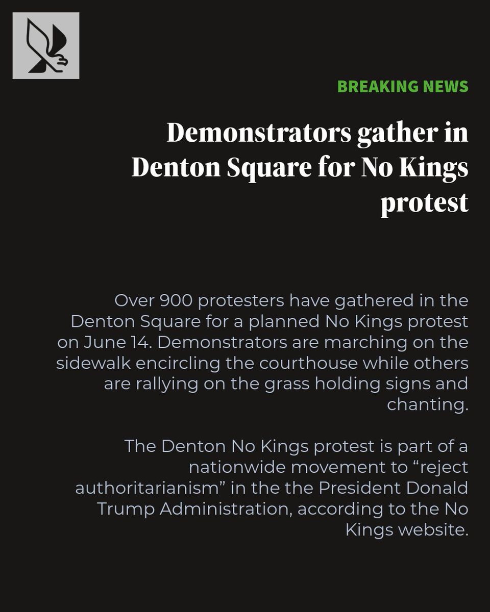 BREAKING NEWS: Demonstrators gather in Denton Square for No Kings protest

Over 900 protesters have gathered in the Denton Square for a planned No Kings protest on June 14. Demonstrators are marching on the sidewalk encircling the courthouse.

Story to come.