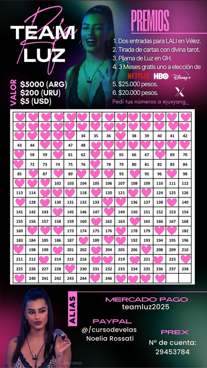 RIFA TEAM LUZ ACTUALIZADA! 💙
todo lo recaudado en esta rifa va para el pozo de la final!

si quieren un numerito me hablan!  
Valor: $5000arg / 200 uy / 5 dolares

-ALIAS MERCADO PAGO: teamluz2025

-PREX nro de cuenta: 29453784

-PAYPAL: <a href="/cursodevelas/">CURSODEVELAS</a> (Noelia Rossati)