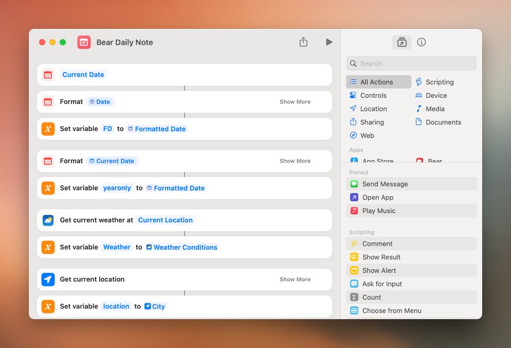 Vedanth (@vedanthk_) on Twitter photo I've started using <a href="/BearNotesApp/">Bear - Markdown Notes</a> more regularly for writing down daily goals and progress. Made a Mac shortcut to create that daily note with 1 click. What it does: > Checks if a note for the day is already present
> If not present, creates the note with the date as title
> Adds I've started using <a href="/BearNotesApp/">Bear - Markdown Notes</a> more regularly for writing down daily goals and progress. Made a Mac shortcut to create that daily note with 1 click. What it does: > Checks if a note for the day is already present
> If not present, creates the note with the date as title
> Adds