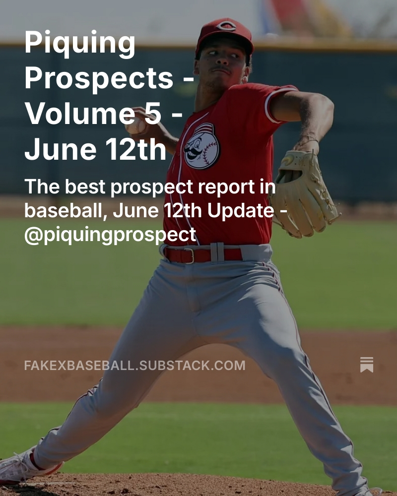 PiquingProspect's tweet photo. Vol. 5 of Piquing Prospects is live! Vol. 5 includes reports on 5 of the biggest breakout prospects for fantasy baseball! 📈 Plus, NEW this week, check out the Bowman Buys section all dedicated to #TheHobby 

Chase Burns 💯
Nate George 🏃‍♂️
Roc Riggio 💪

And more! Link below! ⬇️ https://t.co/0D22lFkeBT