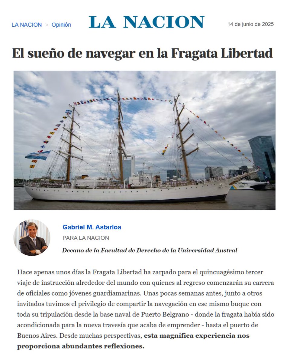 "Como todos los argentinos, anhelo fervientemente que la navegación colectiva que tenemos por delante nos termine conduciendo a todos, a un aspirado destino de progreso y grandeza", sostuvo nuestro decano <a href="/G_Astarloa/">Gabriel M. Astarloa</a> en <a href="/LANACION/">LA NACION</a>