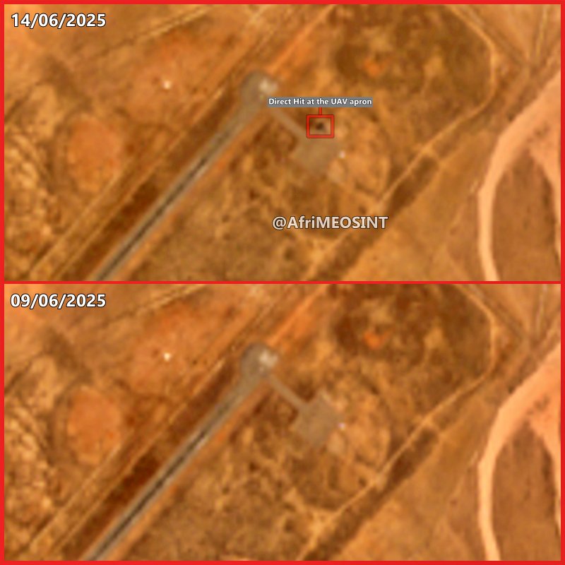 AfriMEOSINT's tweet photo. The latest satellite imagery captured today by CopernicusEU reveals a direct hit on the UAVs apron of Nyala Airport in Sudan’s South Darfur state. Reports indicate that SAF carried out strikes on the airport yesterday, although no additional damage is evident apart from this. https://t.co/tPFsUQiiAj