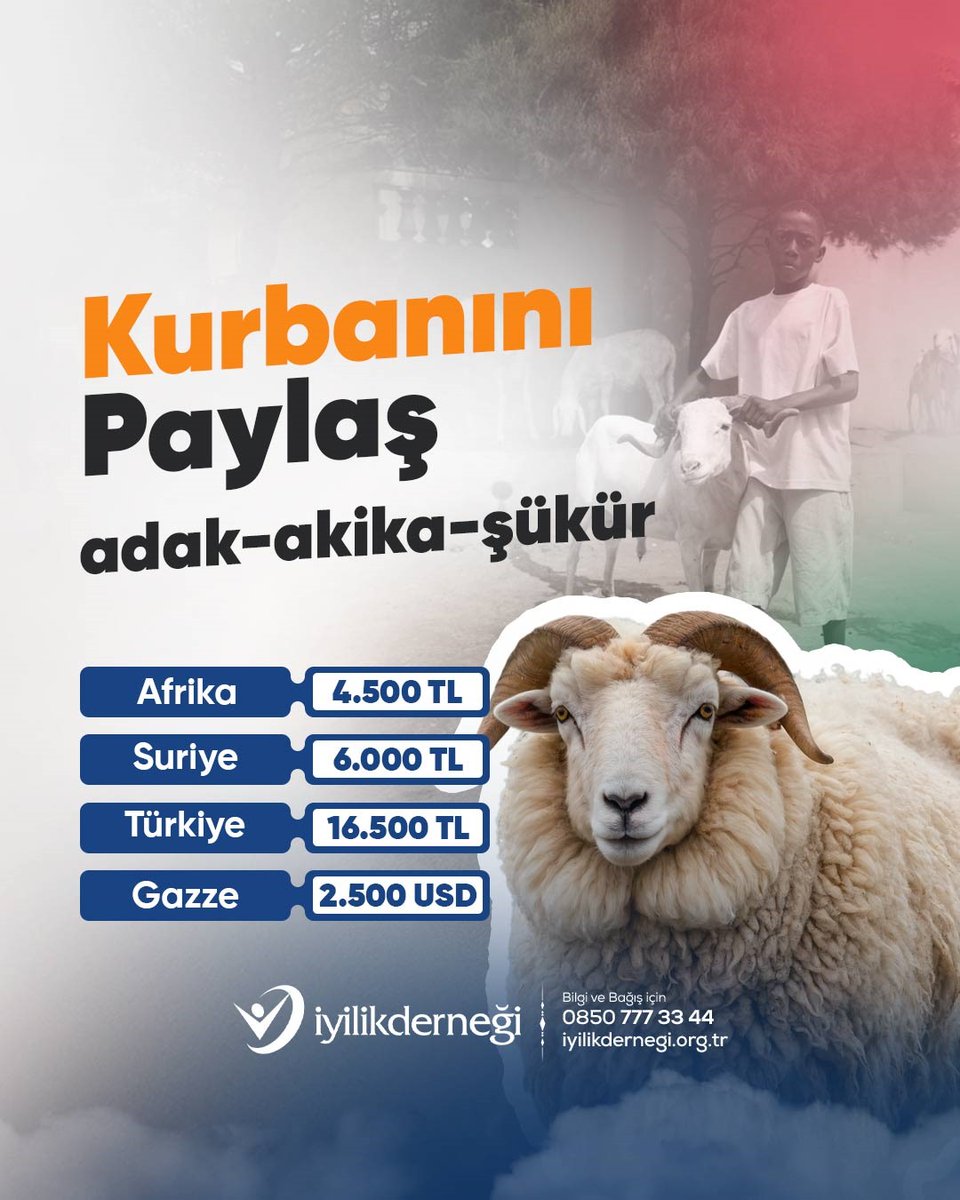 Adak, Akika ve Şükür Kurbanlarınız, İhtiyaç Sahiplerine Ulaşıyor!

Bağışladığınız kurbanlar, Gazze’den Afrika’ya, Suriye’den Türkiye’ye uzanarak ihtiyaç sahiplerinin sofralarına ulaşıyor.

💠 Bağış Bedelleri:
📌 Gazze: 2.500$
📌 Afrika: 4.500₺
📌 Suriye: 6.000₺
📌 Türkiye: