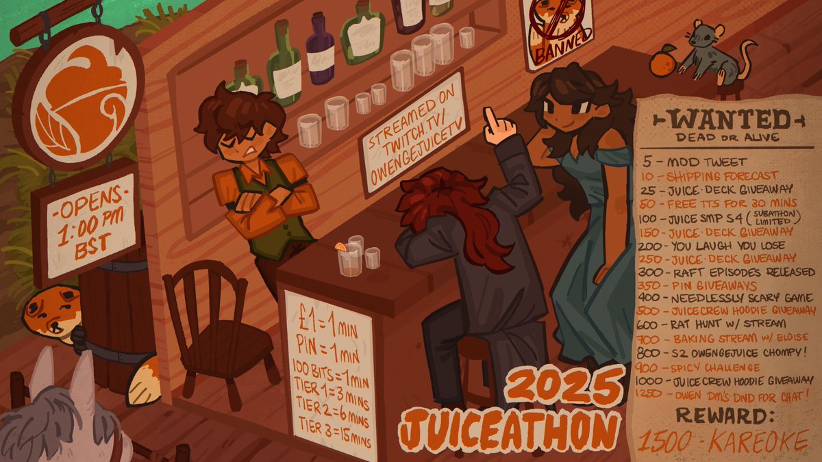 Pull up a chair partner!

The #Juiceathon is BACK! An uncapped subathon starting 1pm BST Saturday 21st June!

We've got a lot planned that isn't listed here, so tune in to see what we're doing each day!