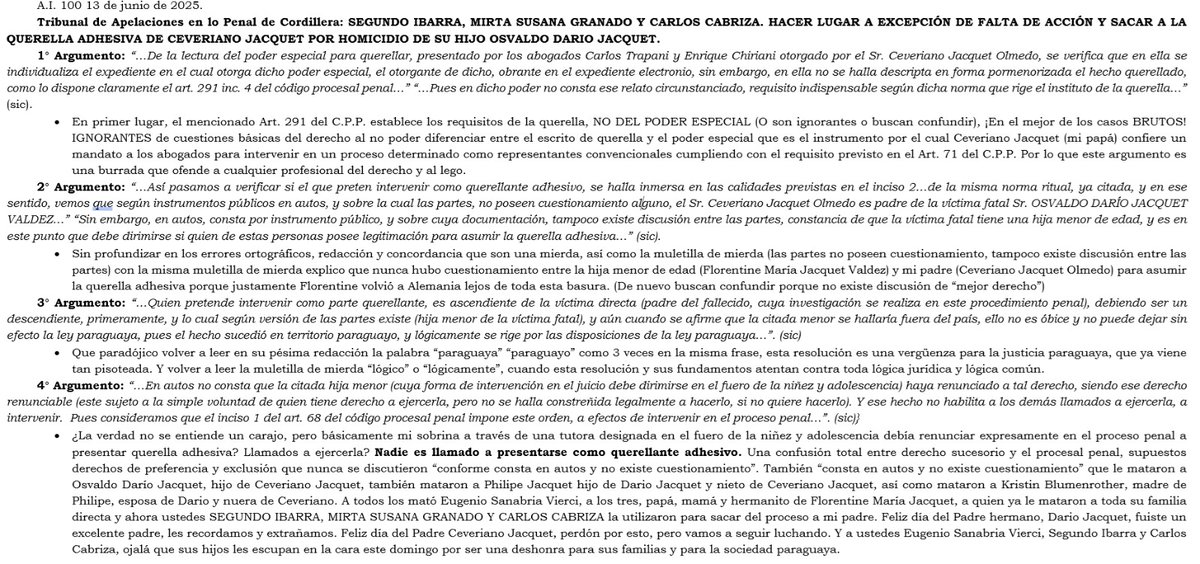Reflexión sobre la resolución de porquería dictada por los jueces Segundo Ibarra, Mirta Susana Granado y Carlos Cabriza que saco a nuestro papá  de la causa del homicidio de mi hermano <a href="/dariospider/">Darío Jacquet</a> <a href="/nancy_jacquet/">Nancy Jacquet</a>