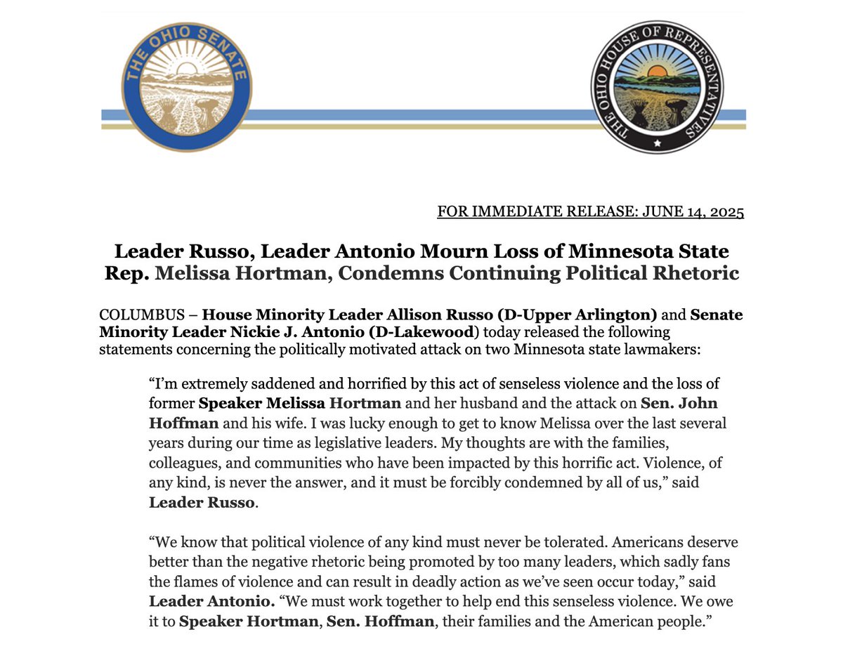 OhioSenateDems's tweet image. Today, Senate Democratic Leader Nickie J. Antonio and House Democratic Leader Allison Russo issued statements concerning the politically motivated attack on two Minnesota state lawmakers.