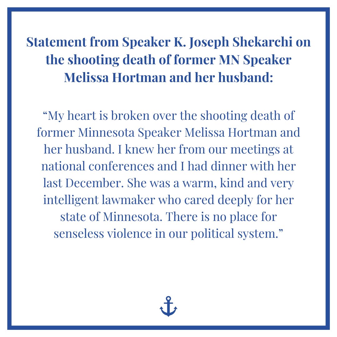 Joe Shekarchi (@joeshekarchi) on Twitter photo My heart is broken over the shooting death of former Minnesota Speaker <a href="/melissahortman/">Melissa Hortman</a> and her husband. My heart is broken over the shooting death of former Minnesota Speaker <a href="/melissahortman/">Melissa Hortman</a> and her husband.