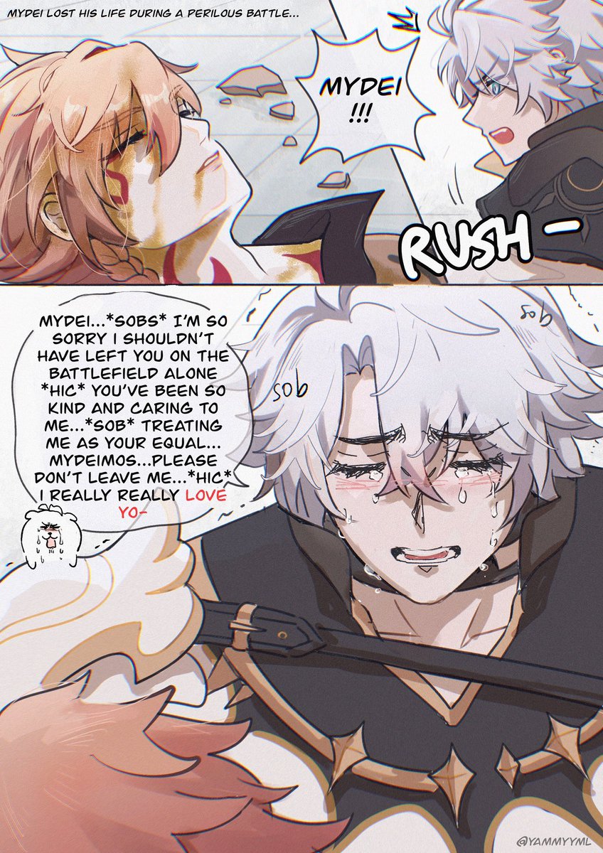 yammyyml's tweet image. [pre-canon] The first time Mydei fell in battle after joining the Chrysos Heirs, Phainon who had a big crush on him, forgot about his curse, panicked and confessed...of course Mydei heard it all ☀️🍷 #phaidei