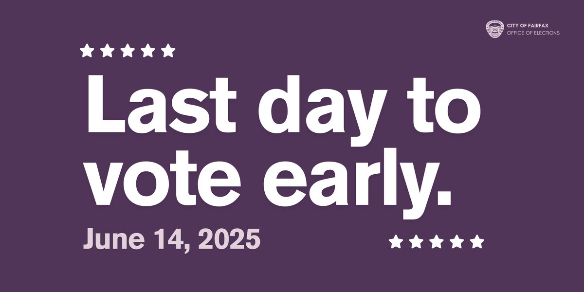 ‼️ATTENTION <a href="/CityofFairfaxVA/">City of Fairfax, VA</a> 

TODAY (06/14) is the LAST DAY to vote early at Fairfax City Hall. We are open for in-person early voting from 8:30am - 5pm. 

For more information, visit Fairfaxva.gov/Vote.