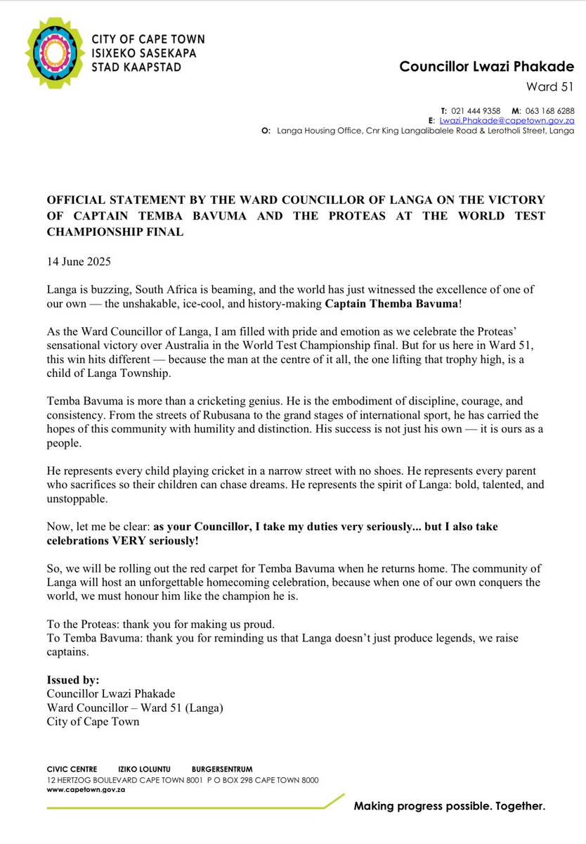 PhaksPhothinja's tweet image. OFFICIAL STATEMENT BY THE WARD COUNCILLOR OF LANGA ON THE VICTORY OF CAPTAIN TEMBA BAVUMA AND THE PROTEAS AT THE WORLD TEST CHAMPIONSHIP FINAL

#BavumaHomeComing #WozaNawe #ProteaFire #WtcFinal2025