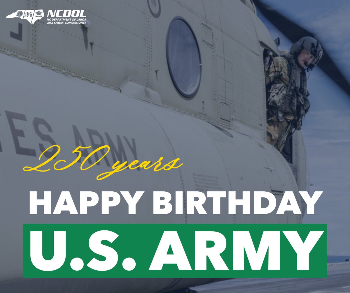 NC Department of Labor (@ncdol) on Twitter photo Commissioner <a href="/LukeFarleyNC/">Luke Farley</a> and the NC Department of Labor proudly celebrate the 250th Birthday of the United States Army.
For 250 years, the U.S. Army has stood as a pillar of strength and a defender of freedom — at home and around the world. Today, we honor the courage, Commissioner <a href="/LukeFarleyNC/">Luke Farley</a> and the NC Department of Labor proudly celebrate the 250th Birthday of the United States Army.
For 250 years, the U.S. Army has stood as a pillar of strength and a defender of freedom — at home and around the world. Today, we honor the courage,