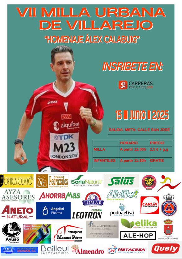 Miguel Calvo (@miguelcalvo_a) on Twitter photo Mañana, VII Milla Urbana Villarejo (<a href="/leguavillarejo/">RUNNINGVILLAREJO</a>) con homenaje a <a href="/Alex_Calabuig/">Álex Calabuig</a>. Más allá del lujo de ser su amigo y una de las mejores personas que conozco, es una figura fundamental de nuestro atletismo y carreras populares ¡Imposible un homenaje más merecido! ¡Felicidades! Mañana, VII Milla Urbana Villarejo (<a href="/leguavillarejo/">RUNNINGVILLAREJO</a>) con homenaje a <a href="/Alex_Calabuig/">Álex Calabuig</a>. Más allá del lujo de ser su amigo y una de las mejores personas que conozco, es una figura fundamental de nuestro atletismo y carreras populares ¡Imposible un homenaje más merecido! ¡Felicidades!