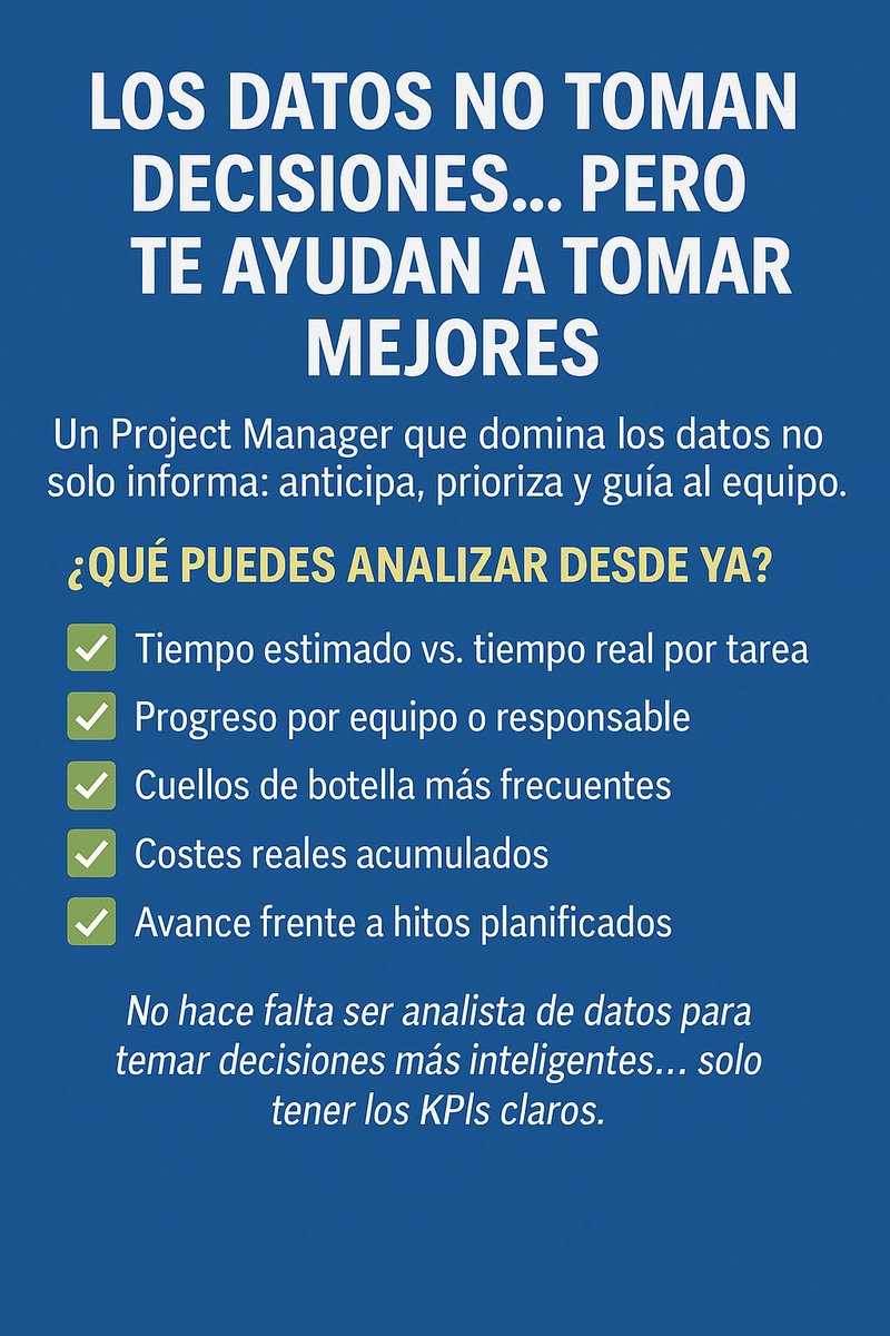 DataSe0's tweet image. 📊 Los datos no toman decisiones… pero te ayudan a tomar mejores.

Un buen PM no solo informa. Anticipa, prioriza y guía.

✅ Tiempo estimado vs real
✅ Cuellos de botella
✅ Costes acumulados
✅ Avance real vs. plan
🎯 Con KPIs claros, todo mejora.
#ProjectManagement #PMTips