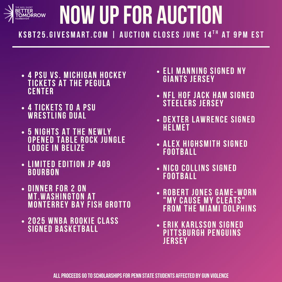 Karli Short Better Tomorrow Foundation (@ksbtfoundation) on Twitter photo ๐จ AUCTION CLOSES TONIGHT AT 9:00PM EST ๐จ
BID NOW: KSBT25.givesmart.com
Time is running out to bid on our phenomenal auction items! From valuable sports memorabilia to once in a lifetime experiences, these are auction items you don't want to miss out on.
<a href="/brandonshort43/">Brandon Short</a> ๐จ AUCTION CLOSES TONIGHT AT 9:00PM EST ๐จ
BID NOW: KSBT25.givesmart.com
Time is running out to bid on our phenomenal auction items! From valuable sports memorabilia to once in a lifetime experiences, these are auction items you don't want to miss out on.
<a href="/brandonshort43/">Brandon Short</a>