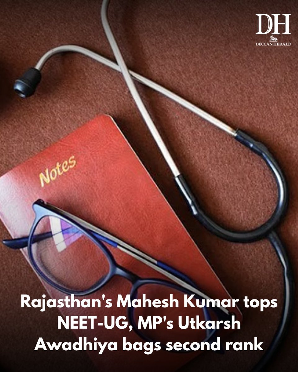 DeccanHerald's tweet image. Rajasthan's Mahesh Kumar has topped the medical entrance exam #NEETUG, while Madhya Pradhesh's Utkarsh Awadhiya has bagged the second rank, the National Testing Agency (#NTA) announced on Saturday.

ow.ly/o58o50W9pQ5