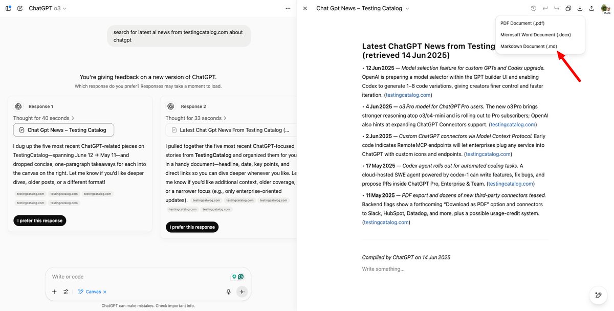 ICYMI: Now you can download ChatGPT Canvas files as PDF, Doc and Markdown, as well as text files with code extensions.