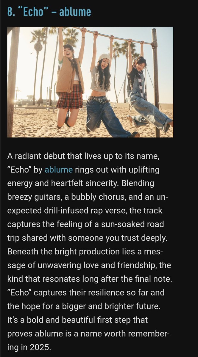 Genius Korea has selected .<a href="/ablume_official/">ablume official</a>'s "Echo" as one of their top 10 'Best K-pop songs of 2025 so far'!

#ablume #어블룸