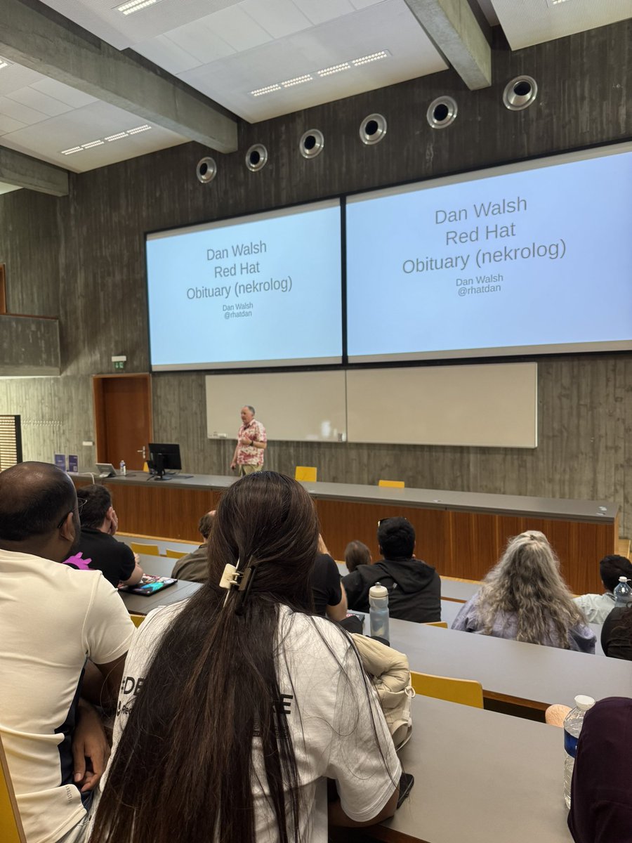 vtunka's tweet image. @rhatdan having awesome talk titled &quot;Red Hat Obituary - Lessons learned with a career in software?&quot;. Don&apos;t be discouraged by the title, he&apos;s giving a really fun talk about CS history and sharing battle stories. What a career and impact, well done Dan! 

#devconf_cz